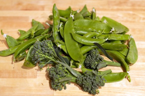 The last few day's harvest: plenty of sugar snap peas, snow peas and broccoli