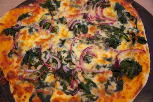 Warrigal greens pizza, looking mighty fine and ready to eat
