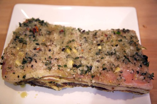 The pork belly after 7 days of curing, straight out of the fridge.