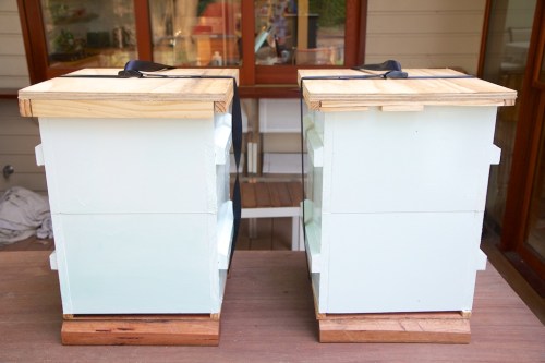Two home-made bait hives, ready for placement in spring.