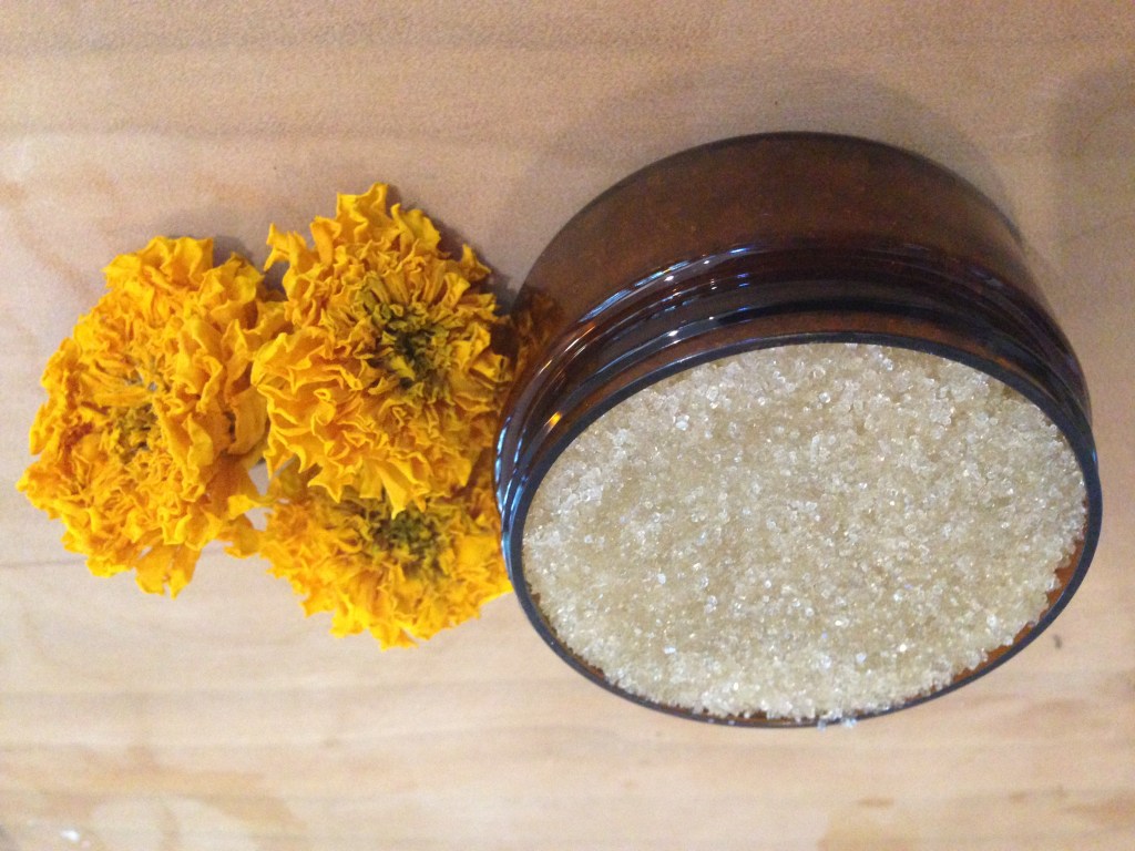 Sugar Body Scrub, made with oil infused with organic home-grown marigolds.