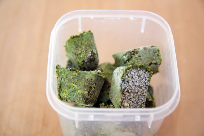 The pesto cubes, ready for long-term storage.