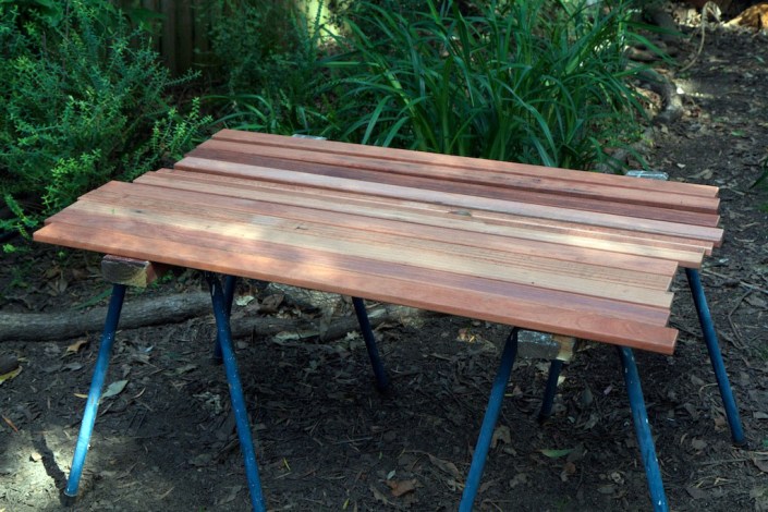 The slats laid out for oiling.