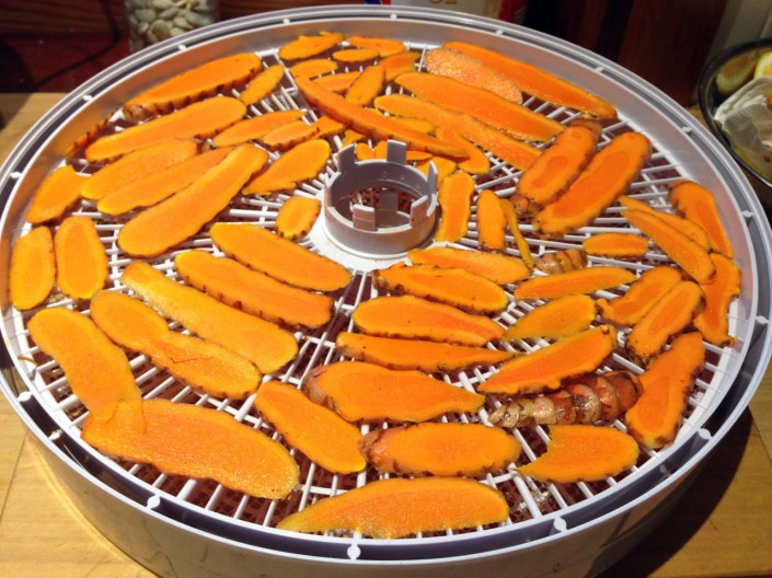Tumeric, sliced and ready for dehydration.
