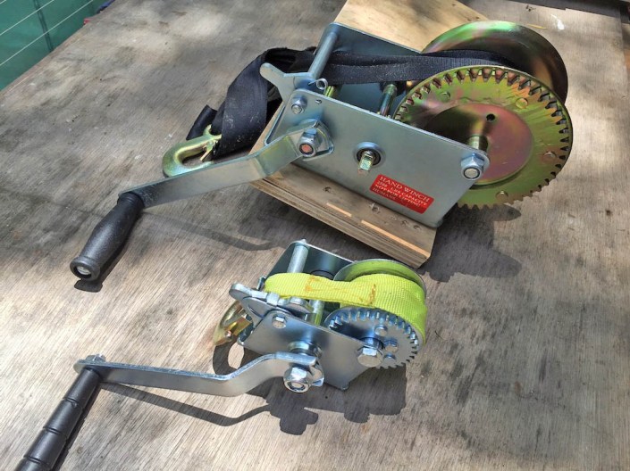 Comparing the second (smaller) winch to the original one. Much lighter!