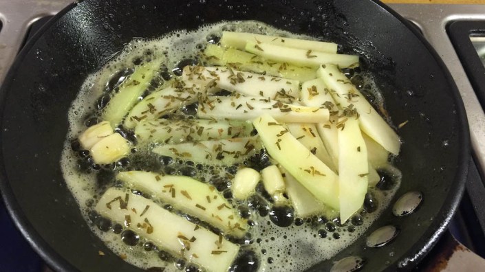 Sauteed choko, delicious with sausages.